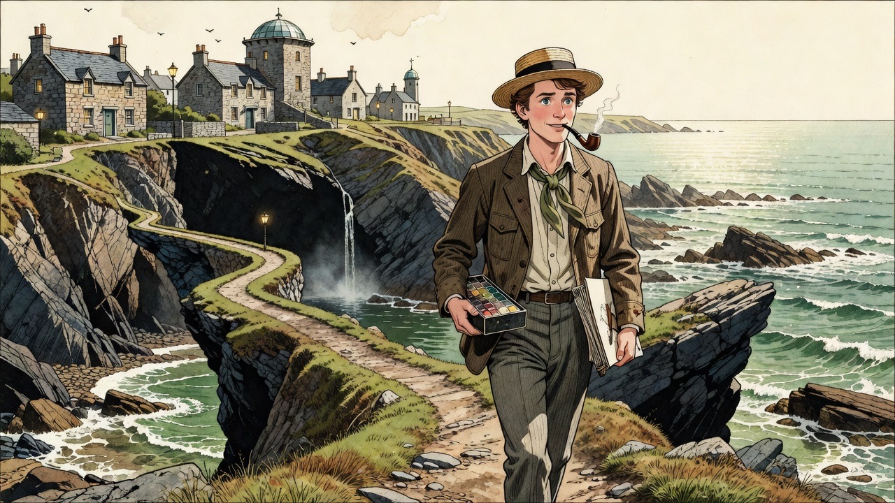 A young artist descends a steep cliff path above a green Cornish cove under a blazing sky.