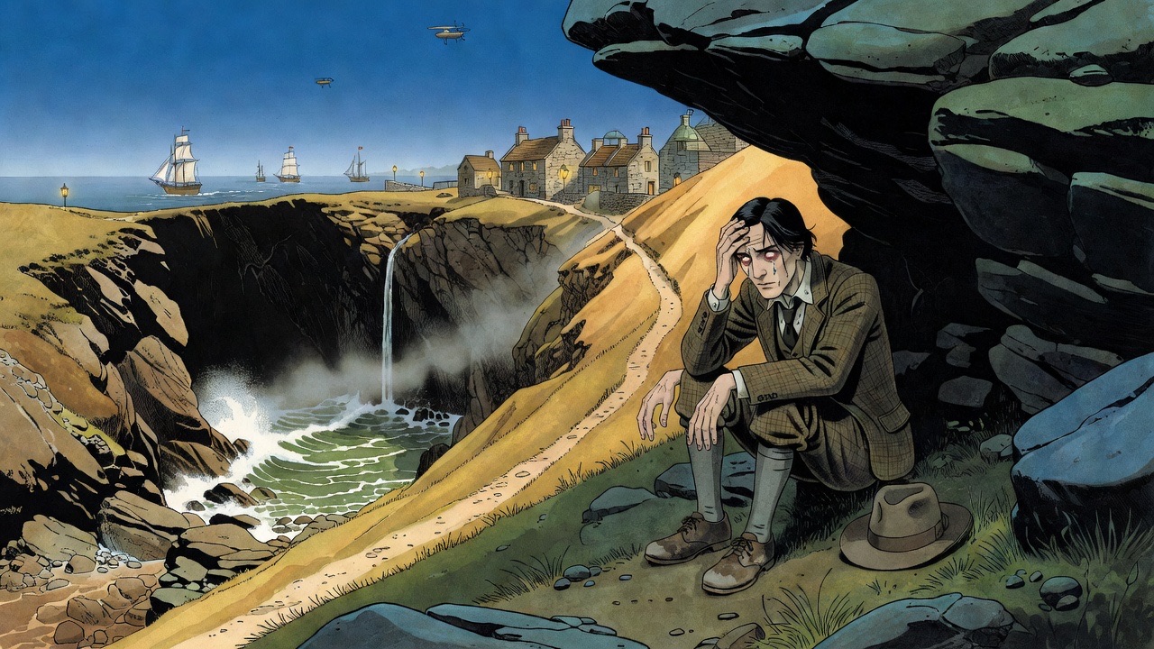 A gaunt man in tweed sits in tears beneath an overhanging rock beside the cliff path.