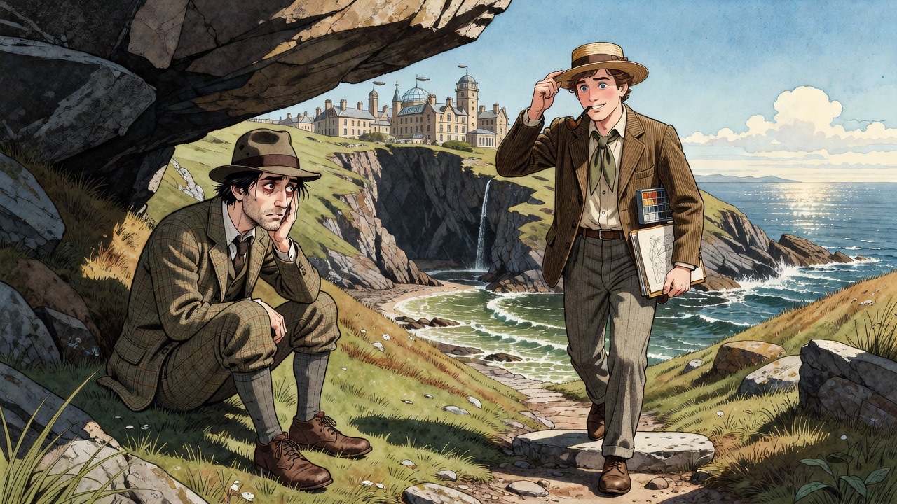 The weeping stranger glances up as the young artist stops awkwardly on the narrow path.