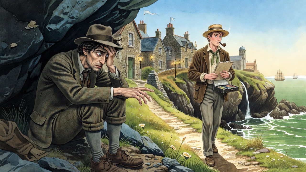 Over the seated man's shoulder, the young artist stands helplessly on the path.