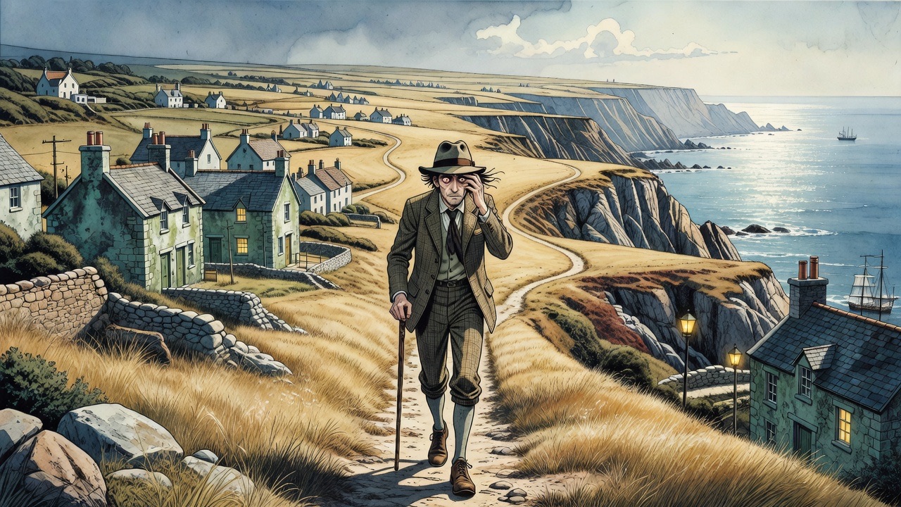 A lone walker trudges along a vast Cornish coastal path under a pitiless sun.
