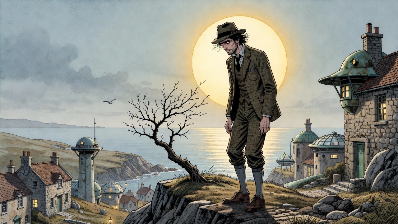 A man's silhouette stands beside a dead, twiggy tree on a clifftop against a blazing sky.