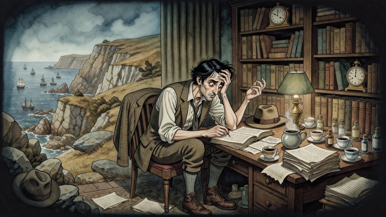 In a remembered study at night, a man works feverishly among papers, coffee and small phials.