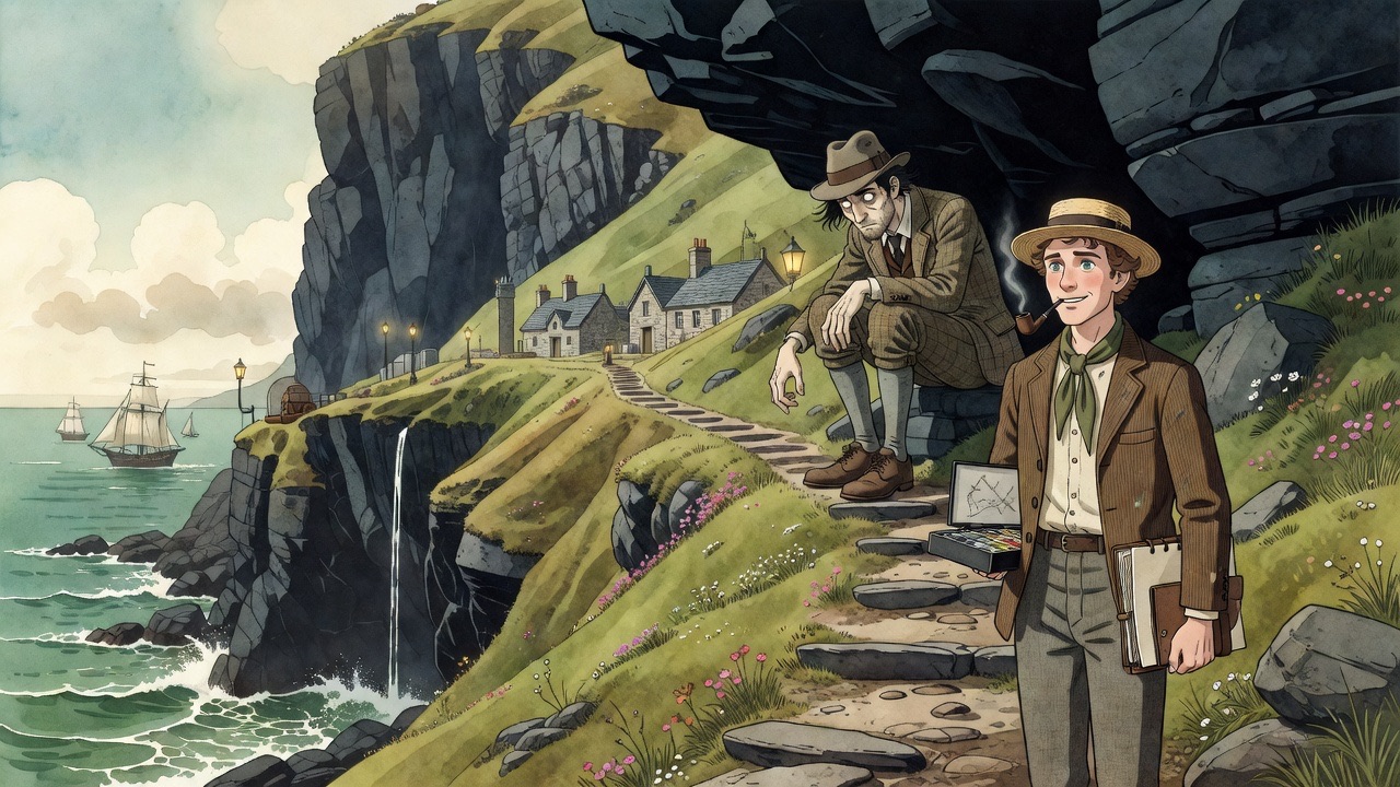 Two small figures sit and stand in silence on a steep green slope above the shining sea.