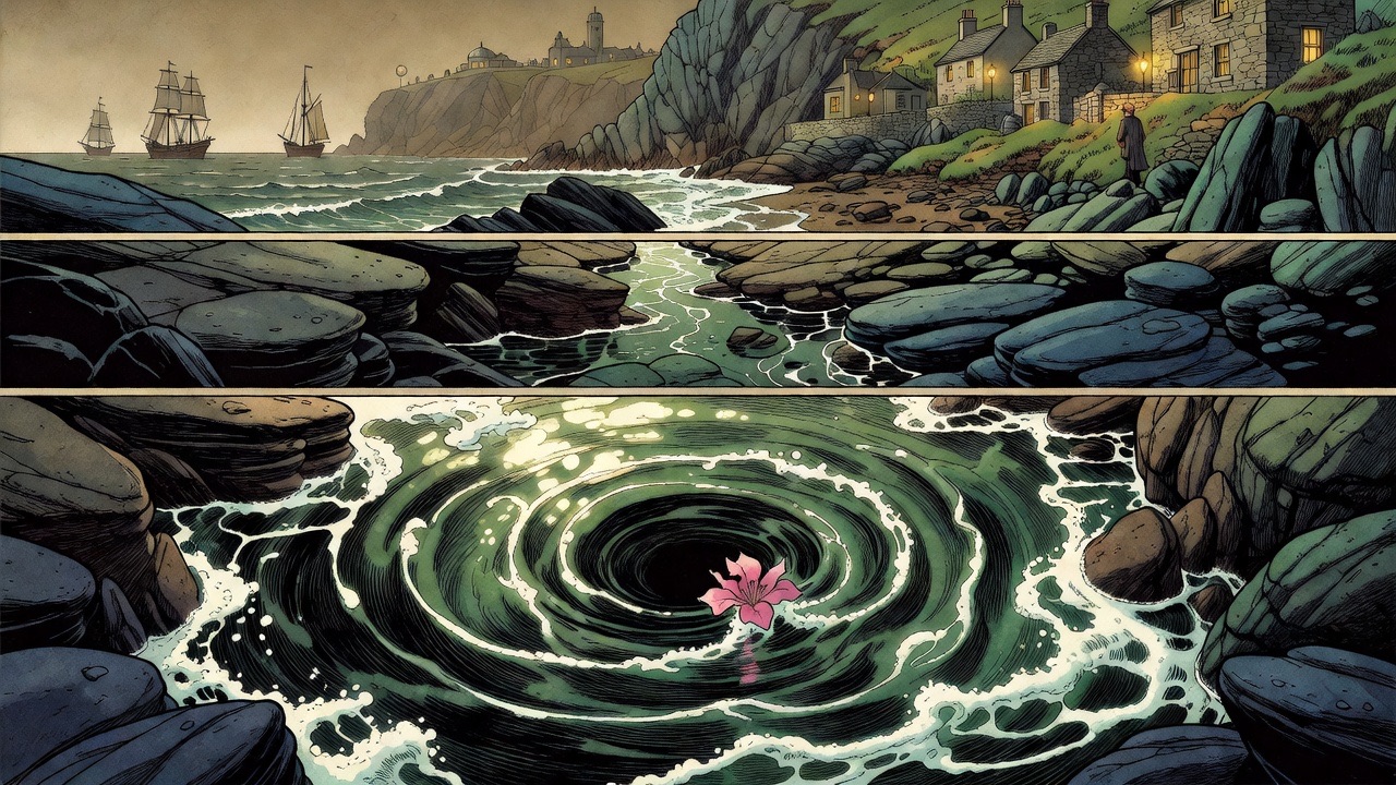 An eddy in a rock pool swirls a small pink flower down into darkness.