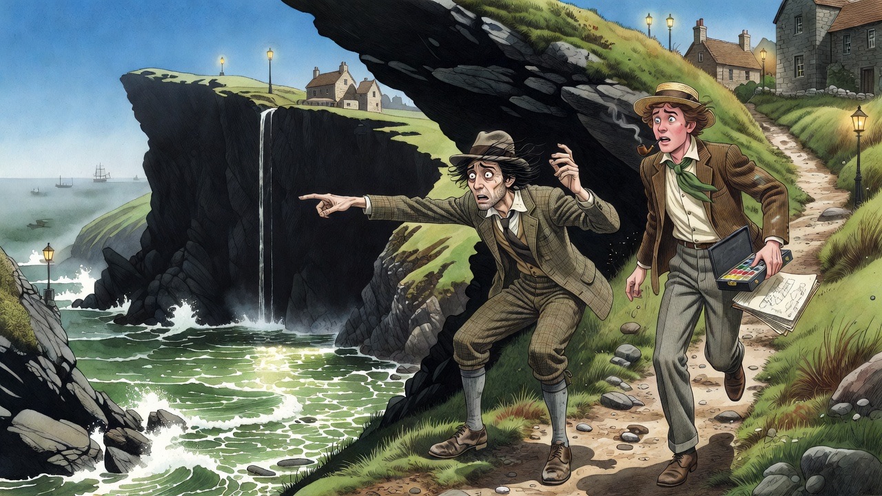 The stranger flings out an arm toward the dark precipice while the artist recoils.