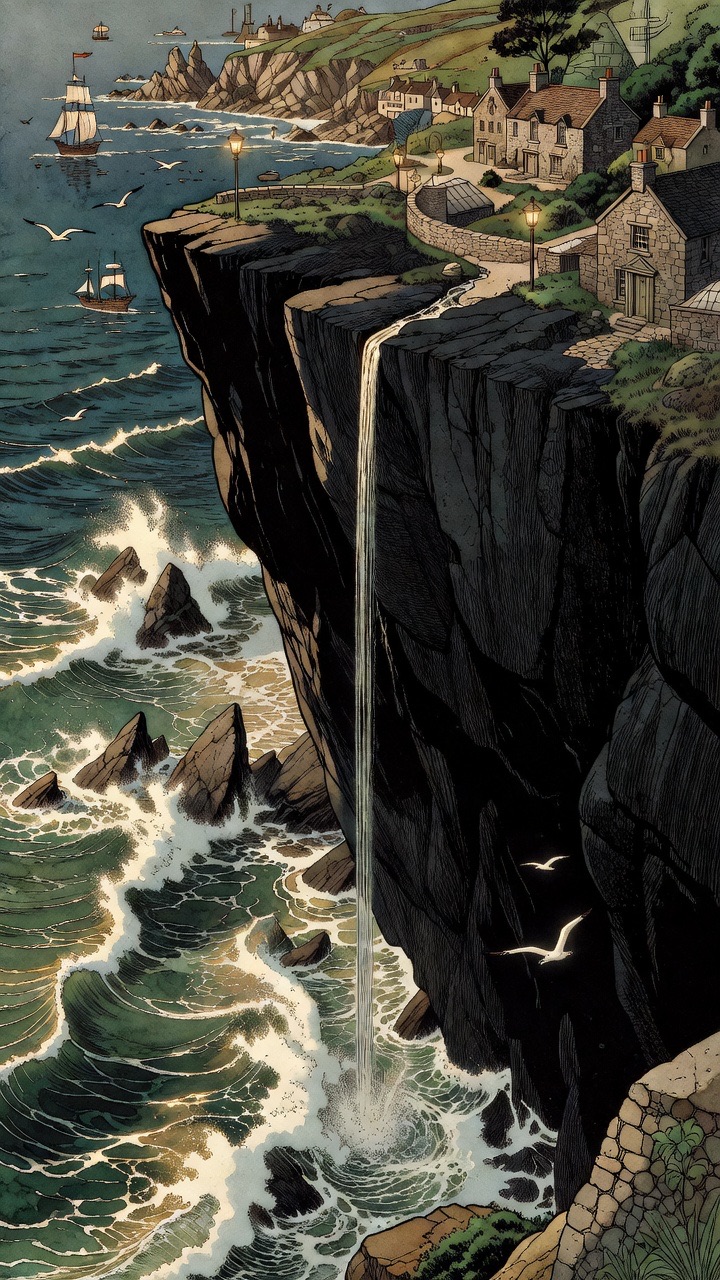 Looking straight down a black cliff to green water and white surf far below.