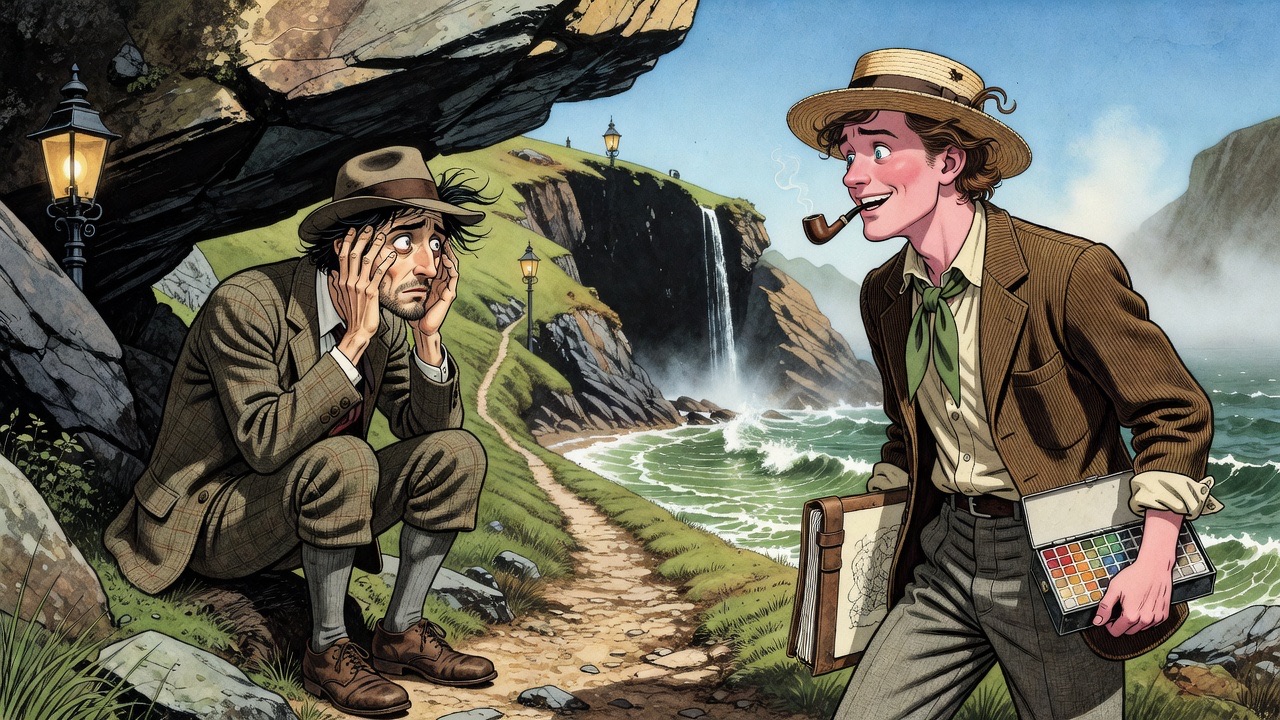 The artist laughs mockingly as the gaunt stranger looks up at him, eyes meeting.