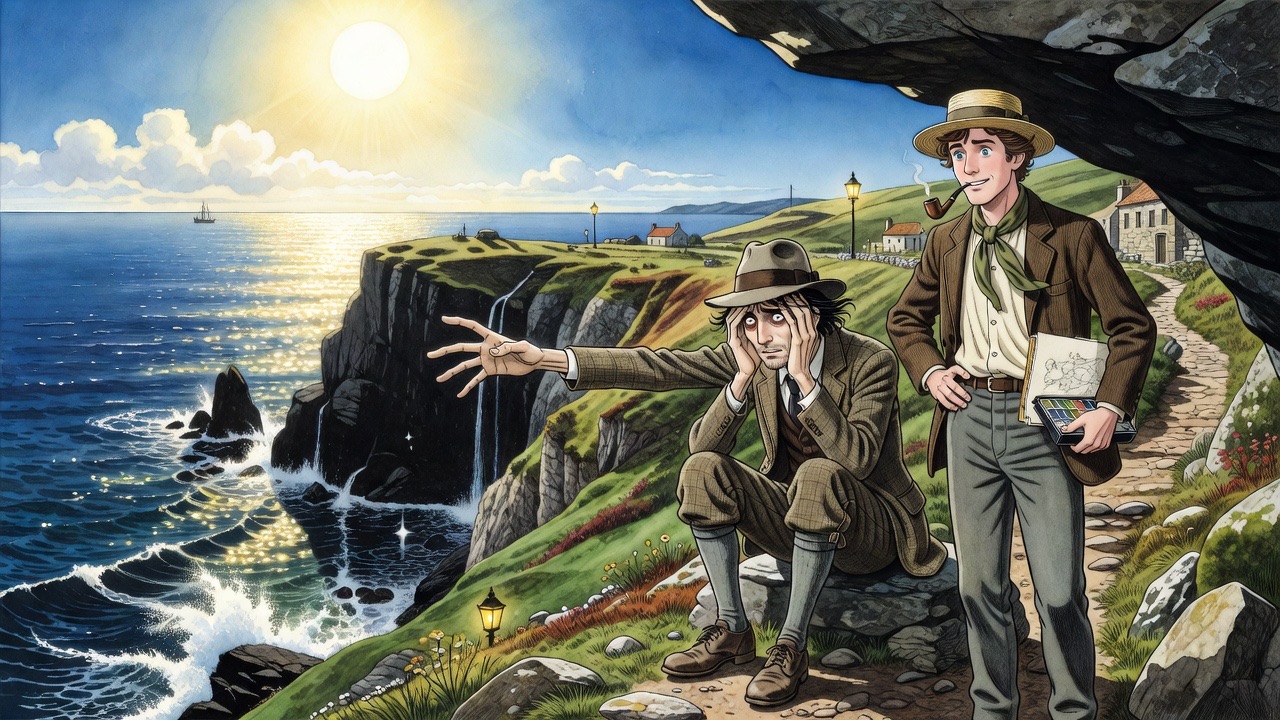 From behind, the stranger sweeps his arm across a dazzling panorama of sea, cliff and sun.