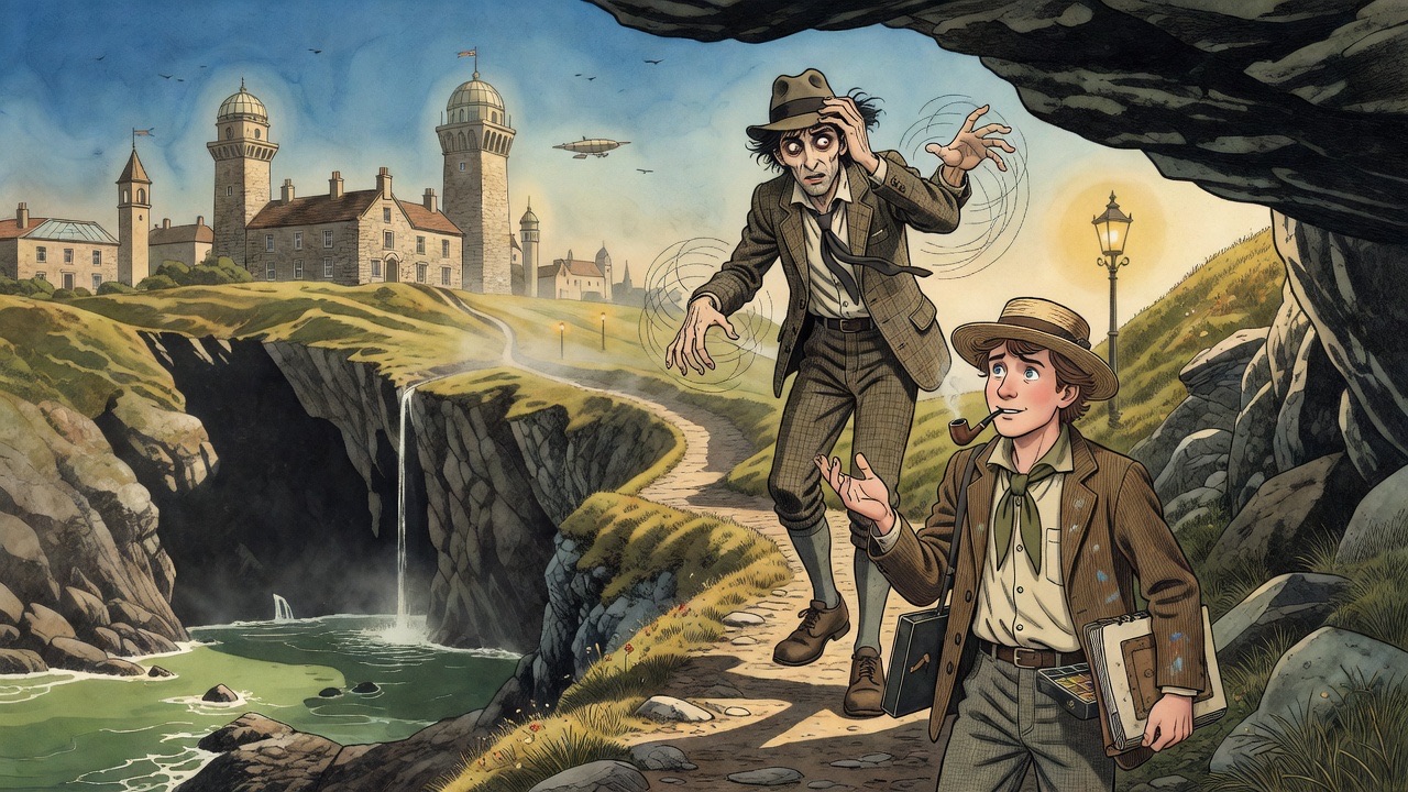 Halfway up the steep path, the stranger turns with his hand circling in the air.