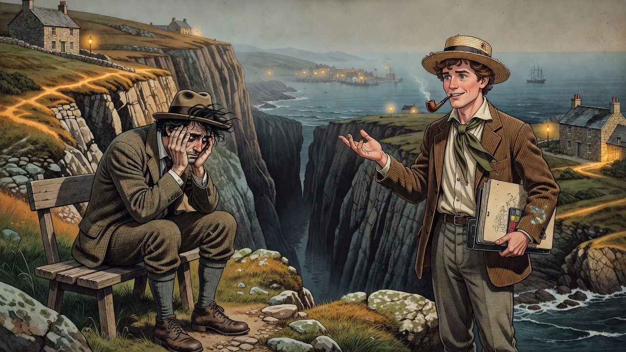 Two men at a wooden seat on a headland overlook a deep dark sea chasm.