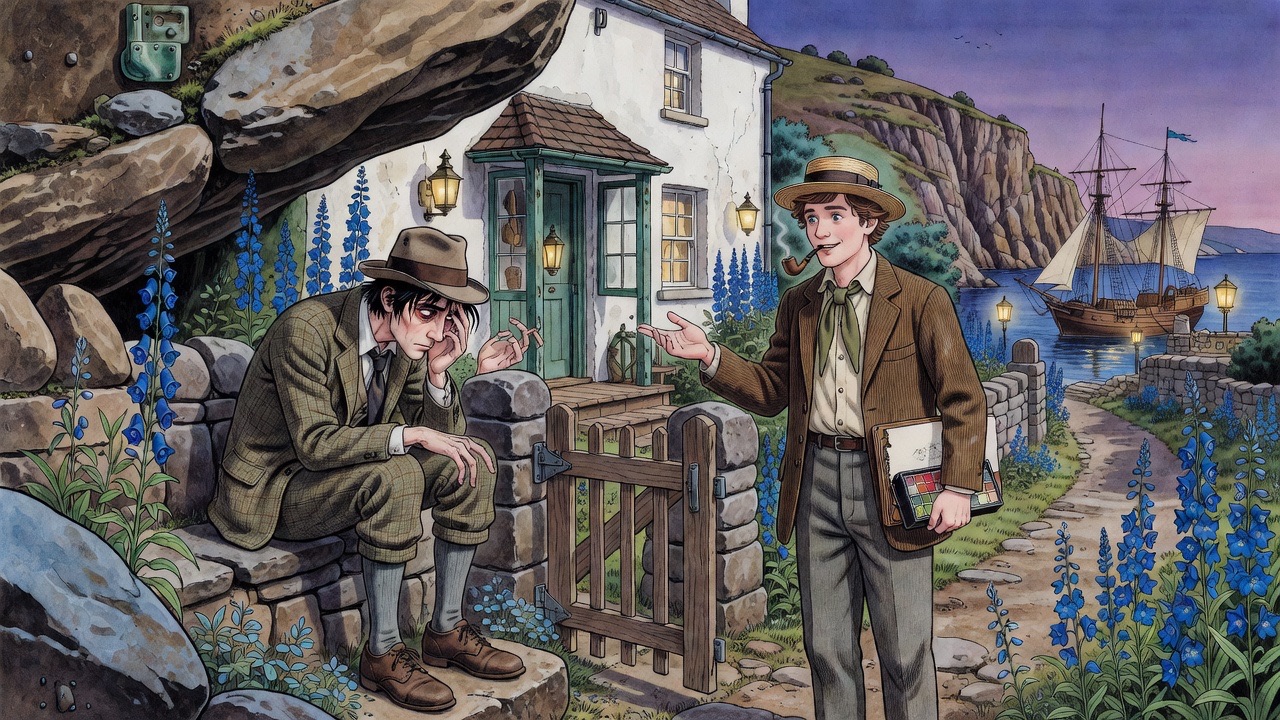 At a cottage garden gate in the dusk, the stranger hesitates as the artist beckons.