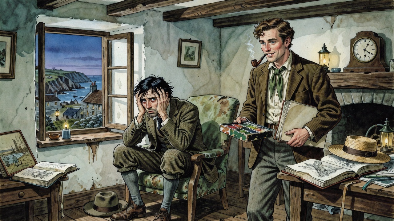 In a small whitewashed room the stranger slumps in an armchair while the artist fusses with a portfolio.