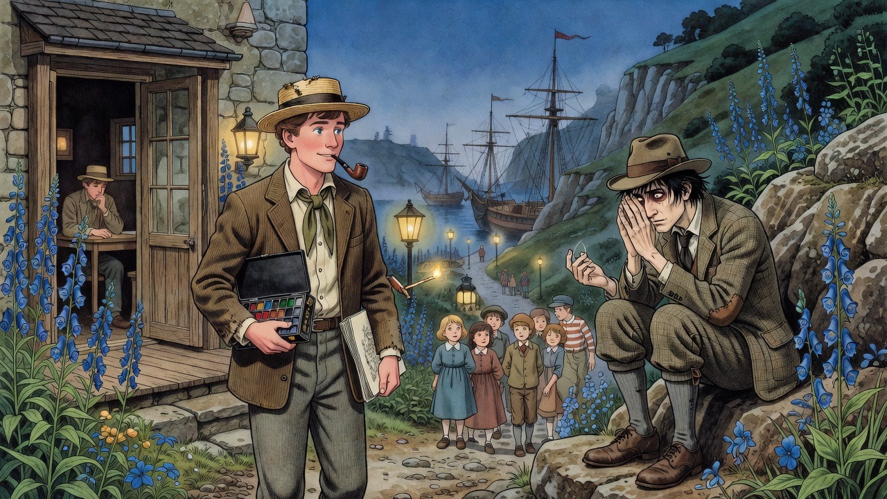 In the dusk garden, the artist lights his pipe beside the monkshood, watching the still figure in the window.