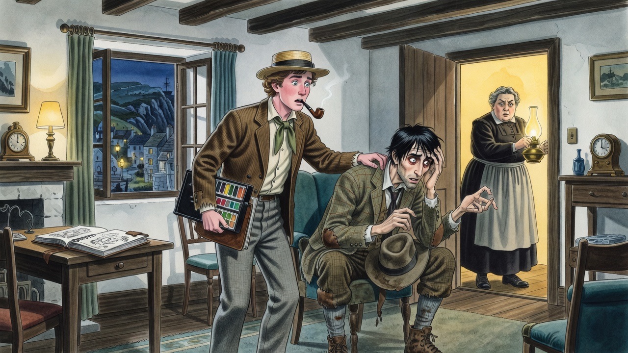 Lamplight floods the room as the landlady enters; the pale artist turns from the rigid figure in the chair.
