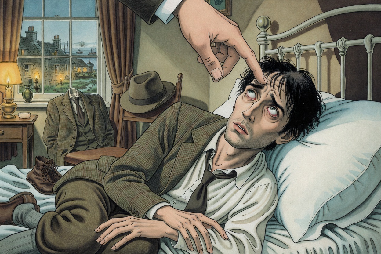 A doctor's hand gently draws the eyelids down over the staring eyes of the rigid man.