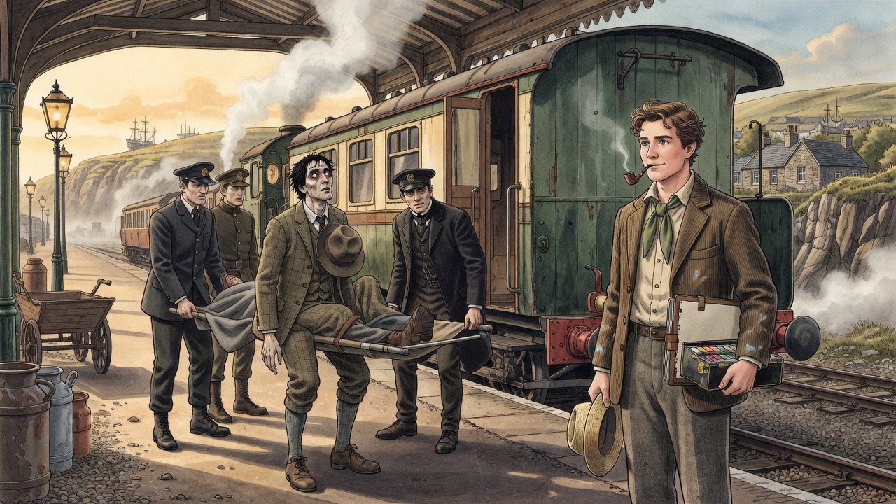 Porters lift a blanketed stretcher bearing the sleeper into a railway carriage while a young artist looks on.
