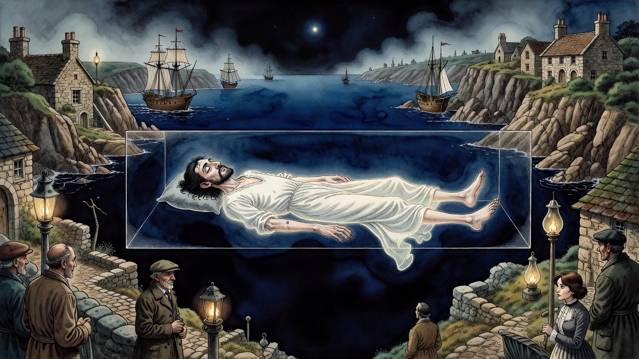 The sleeping man floats alone in an immense dark void, suspended between being and nothing.