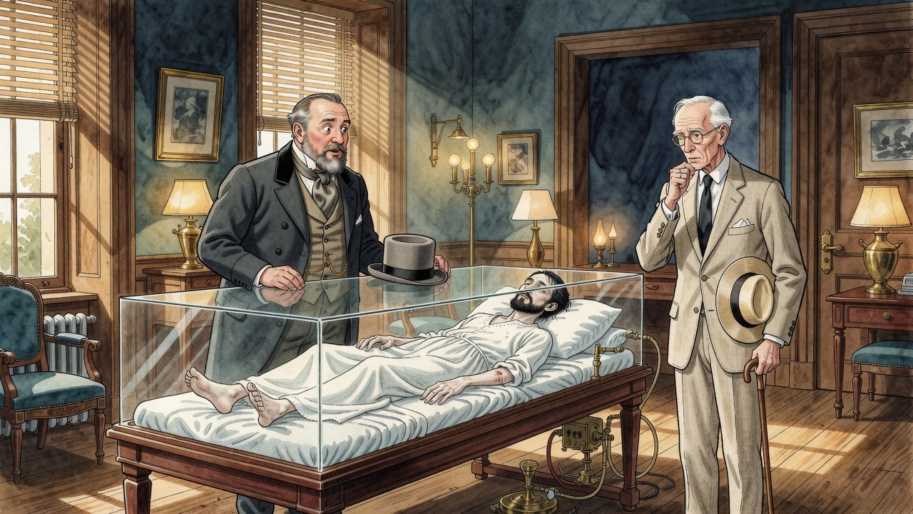 Two older men stand side by side in a London room looking down at the sleeper in his glass case.