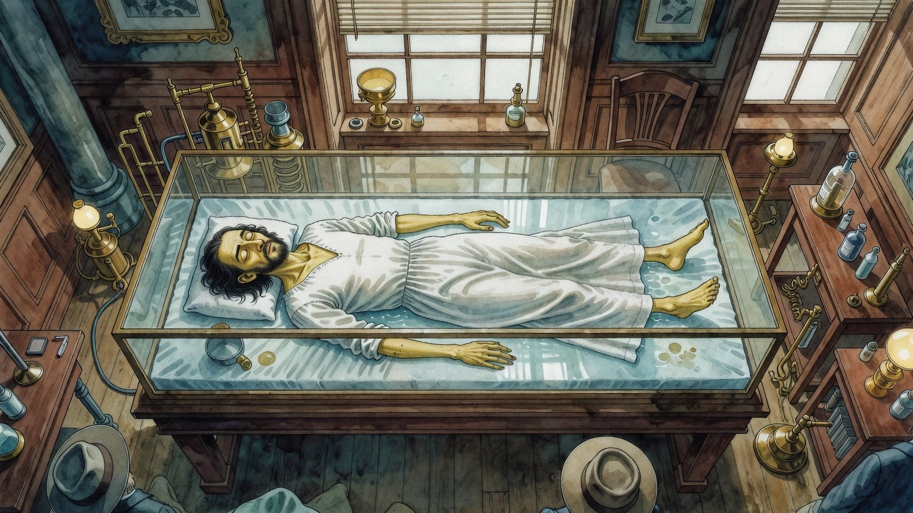 Seen from directly above, the yellow sleeper lies lax on a water-bed within a case of thin glass.