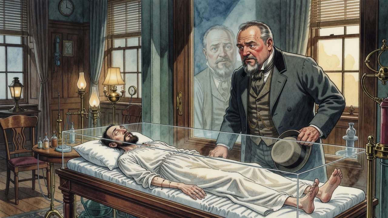 Isbister's ruddy face, reflected faintly in the glass, recalls the shock of the sleeper's rolled-up eyes.