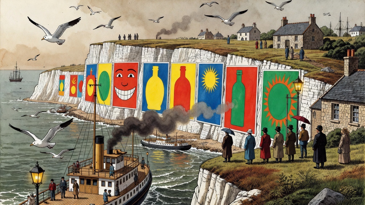 Enormous bright poster hoardings are pasted along the white chalk cliffs above the Channel.