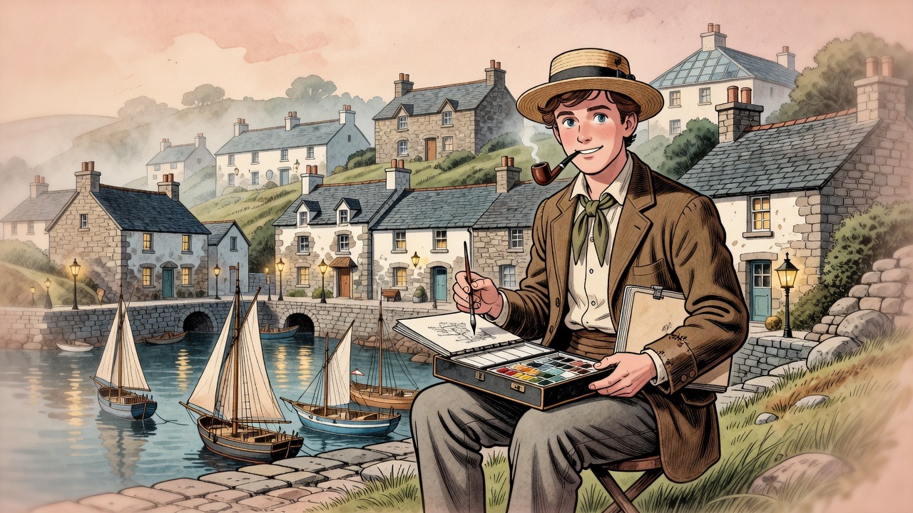 In memory, the young artist sits at a field easel painting the Boscastle harbour in water-colours.