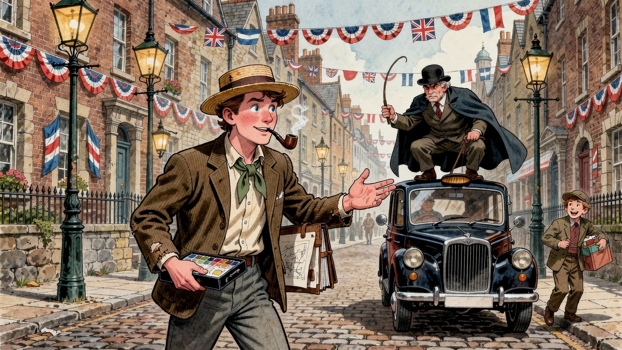 Young Isbister argues with a hansom cabman beneath flags and bunting in the Diamond Jubilee summer.
