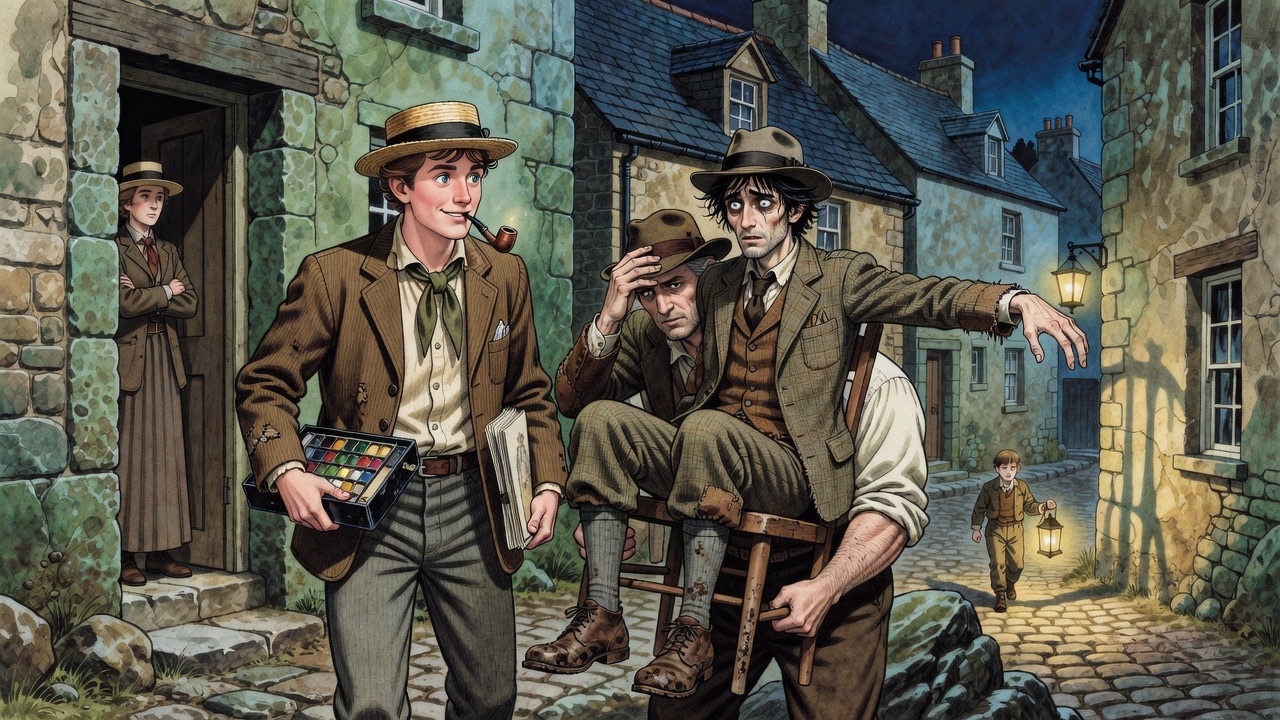 By lantern light, men carry the rigid, seated man up a steep village street toward the hotel.
