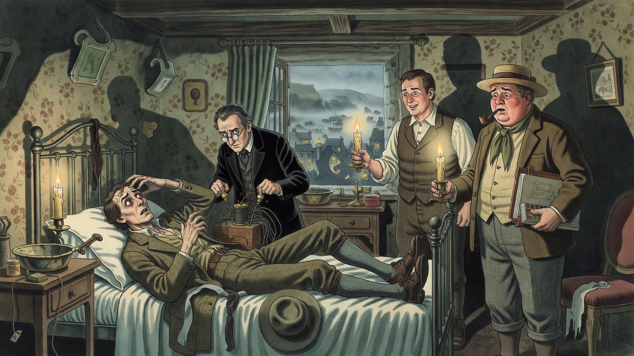 In a candlelit room a nervous little doctor applies an electric coil to the convulsing rigid man while others hold lights.