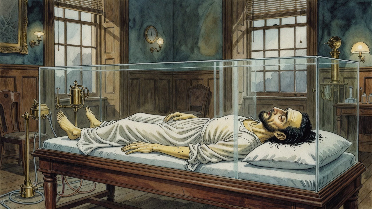 Extreme close-up of the sleeper's still, waxen face on the pillow behind glass.