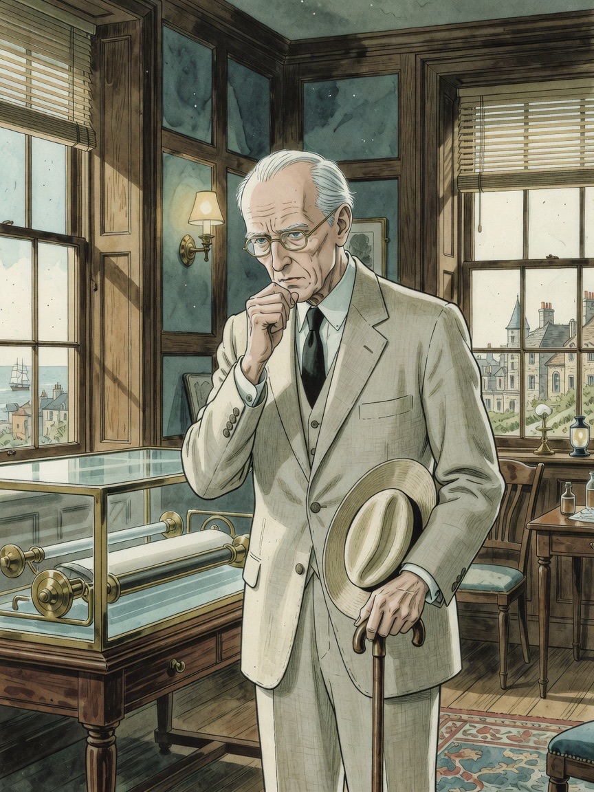 Close on the elderly solicitor as a flicker of private grief crosses his face.