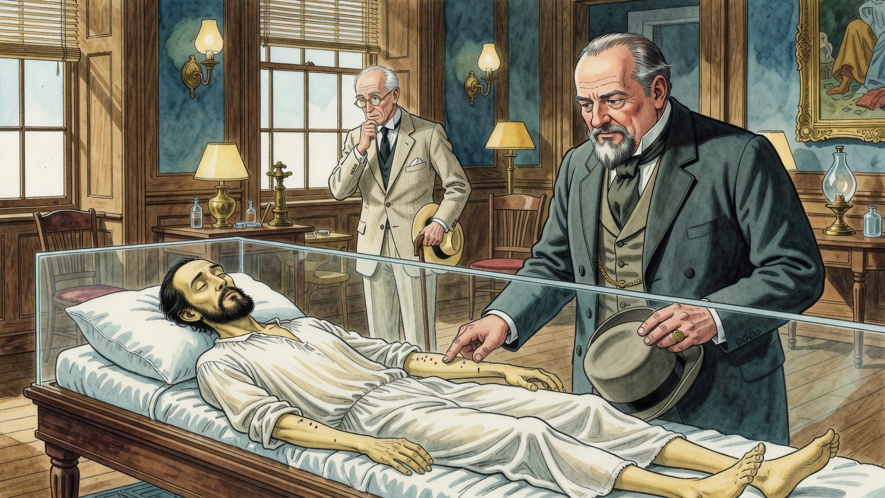 Isbister's finger points through the glass at small injection marks on the sleeper's thin forearm.