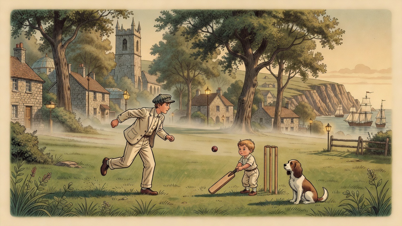 A faded memory of an older boy bowling to a small child on a sunny village green.