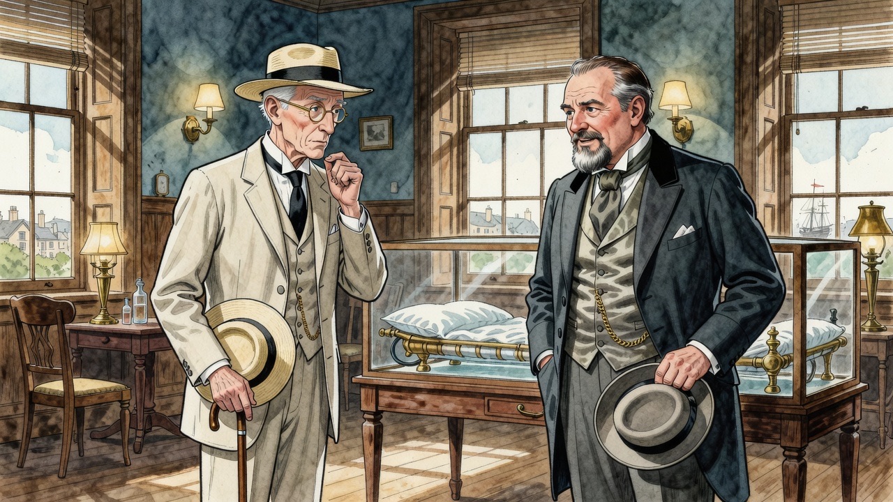 Over the solicitor's shoulder, Isbister leans in with keen commercial curiosity.