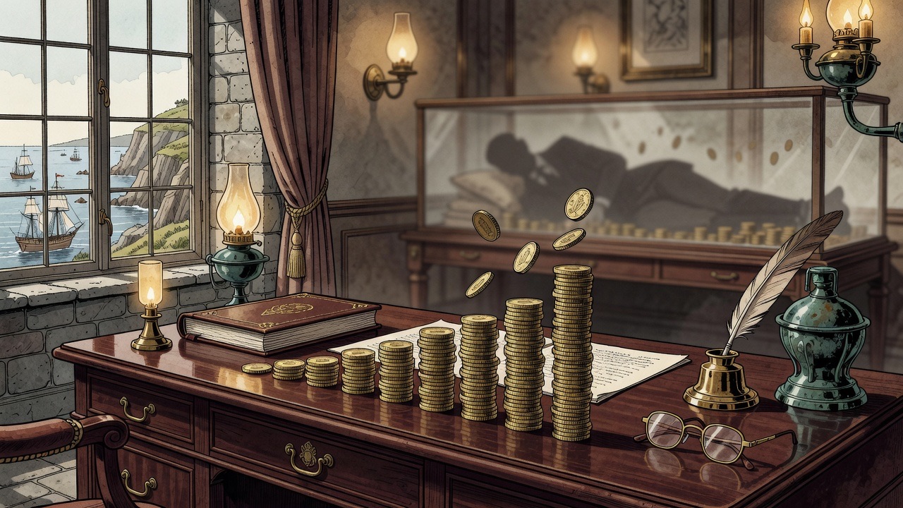 Gold sovereigns pile up in growing stacks on a mahogany desk beside a banker's ledger.