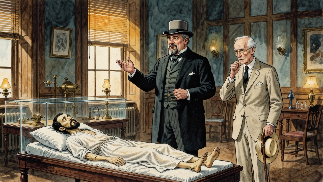 The two men stand silhouetted against the blinded window, the glass case glinting in the foreground.