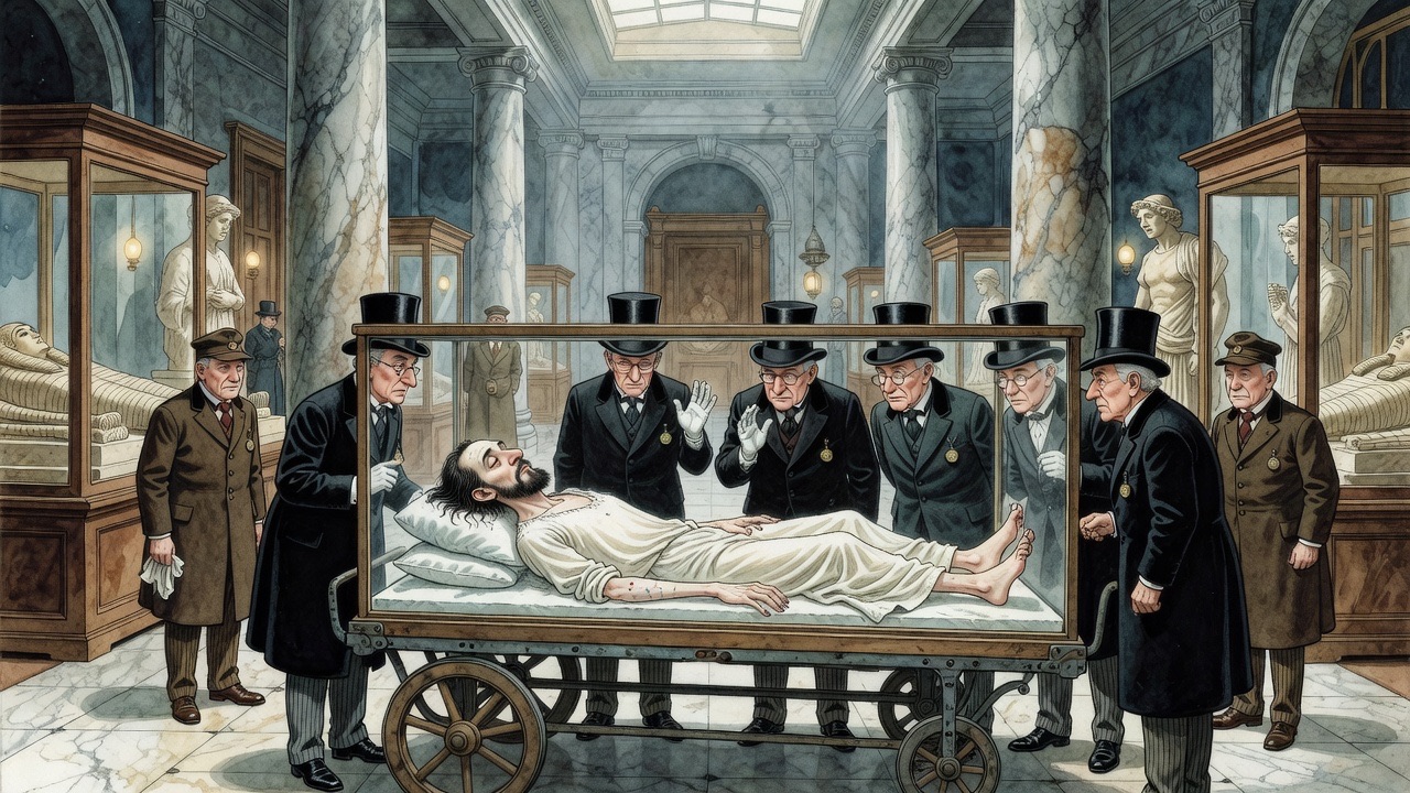 In a grand columned museum hall, gentlemen trustees gaze doubtfully at the glass case delivered on a trolley.