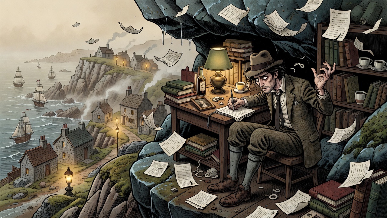 In memory, the young radical writes feverishly by lamplight, pamphlet pages scattered around him.