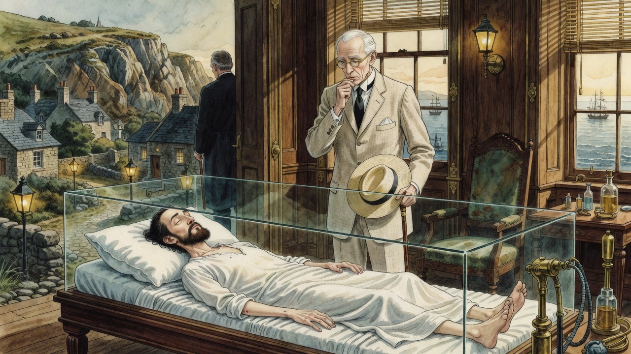 Seen through the glass from the sleeper's side, the old solicitor gazes down and sighs.