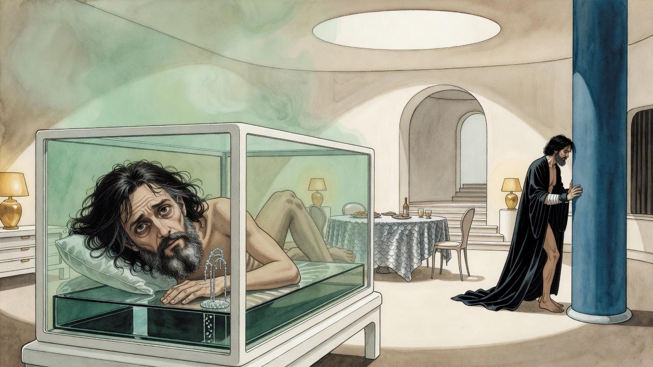 Through greenish glass, the gaunt sleeper's eyelids begin to flutter after two centuries.
