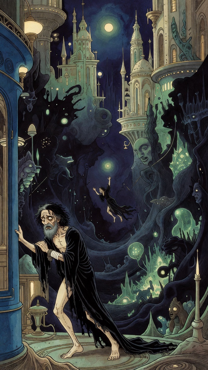 A tiny drowning figure strains upward through a dark gulf of strange creatures and alien scenery toward a far light.