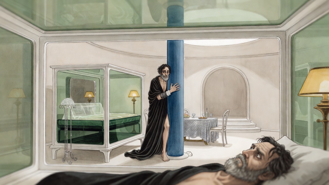Seen from the waking man's eyes, the white bar of a frame rises beyond the greenish glass.