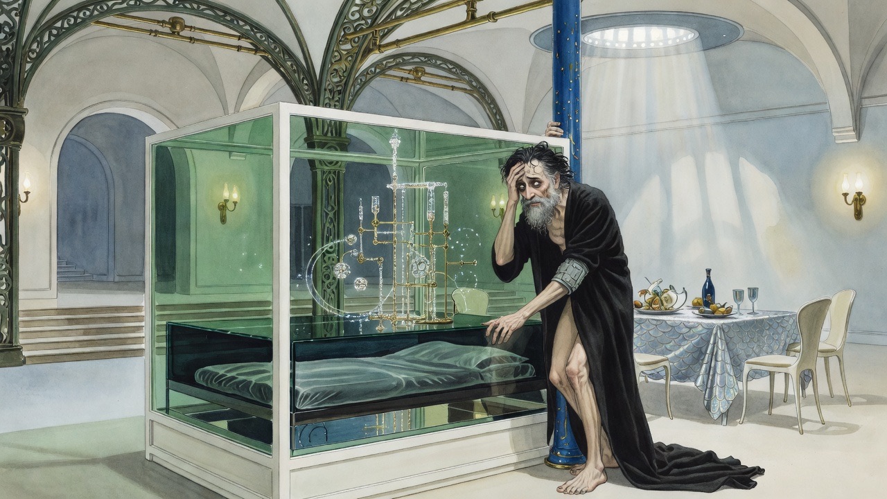 The weak, giddy man heaves himself into a sitting position in the glass trough.