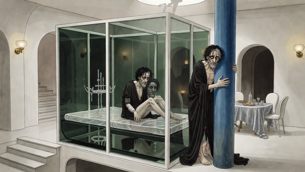 From a high angle, the man sits on a translucent mattress above a mirror that reflects him greyly.