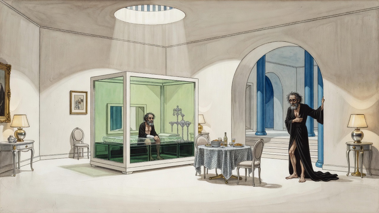 Beyond the greenish glass case stretches an immense white hall with a laid table and a great archway.