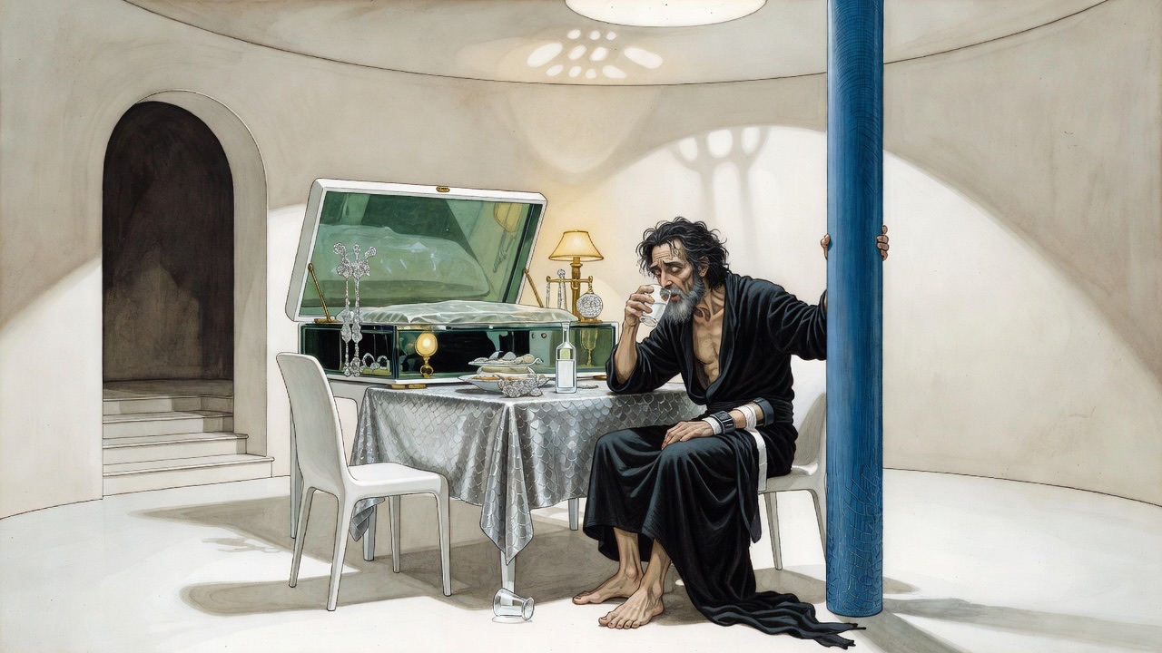 Collapsed in a graceful chair at the silvery table, the man drinks from a glass while another rolls unbroken on the floor.