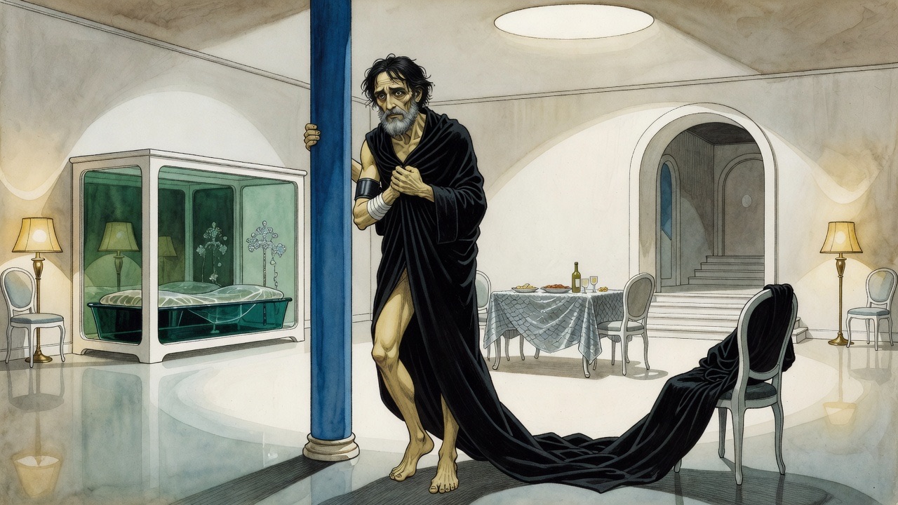 Trembling, the naked man pulls a long black robe around his shoulders in the chair.