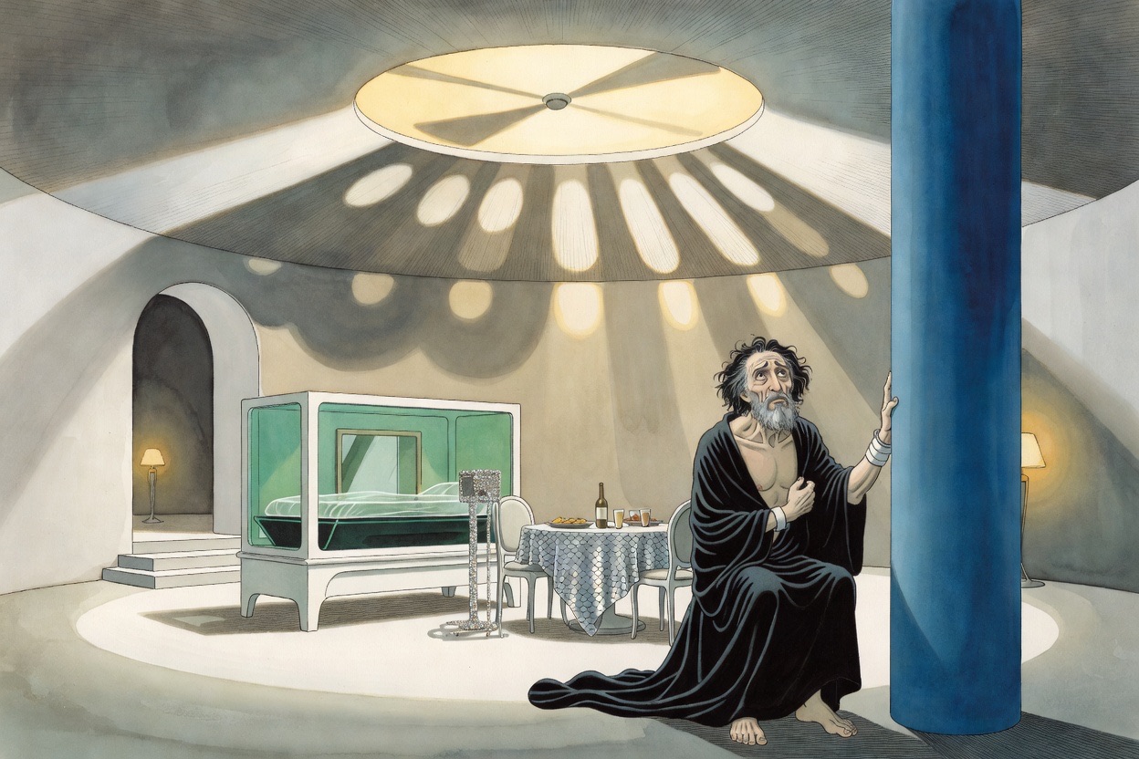 The robed man stares up at a circular shaft of light in the ceiling crossed by a sweeping shadow.