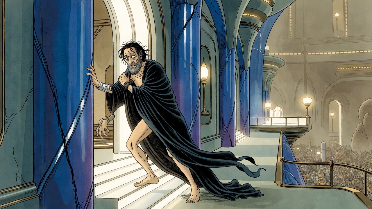Staggering down the steps, the man trips on his black cloak and catches at an ultramarine pillar.